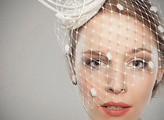 Wedding Accessory Bridal Ivory Headpiece Feather Fascinator Head Piece Asymmetric Half Veil with Spots Romantic Elegant Small Hat