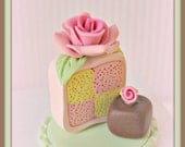 Rosey Battenberg Cake Slice with Chocolate Petite Four Pin Topper