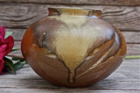 Pottery Ceramic Vase / Wood Fired Decorative Pot / Brown Tan Altered Clay Vessel