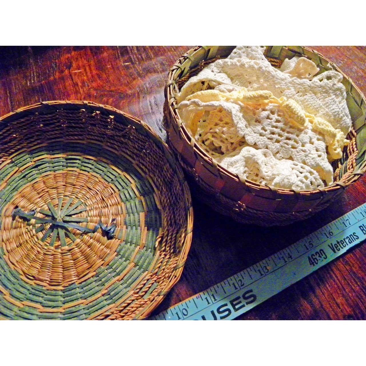 Antique Native American basket FULL of hand crochet vintage lace trim pieces