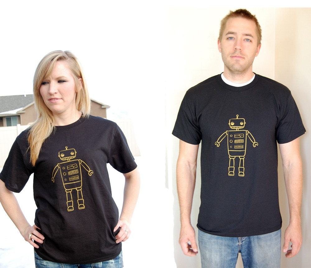 Robot Tee in Black and Gold Men or Women