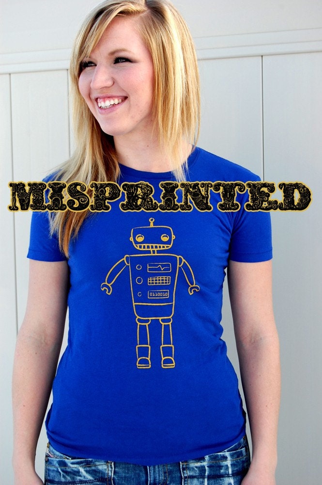 MISPRINT Large ONLY Robot Tee in Royal Blue and Gold Women's Fitted
