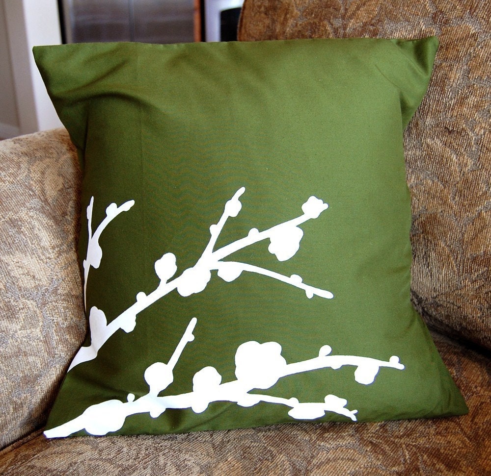 LIMITED- Cherry Blossoms 16 Inch Square Pillow in Olive Green