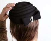 Vintage Black Wool Hat - Henry Pollak Ritz with Rhinstone Brooch