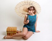 1950s Bathing Suit by Petti - Tribal Aztec Tiki Skirted Swimwear in Teal Blue and Purple - Medium