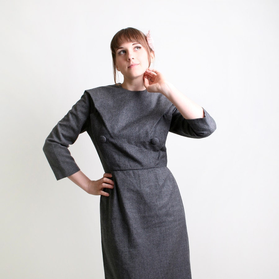 Vintage Vogue Paris Original Dress - 1950s Grey Wiggle Dress - Medium to Large