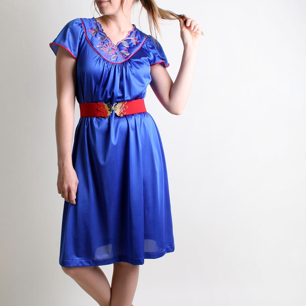 Vintage Vanity Fair Slip - Royal Blue Embroidered Nightown Dress - Medium to Large