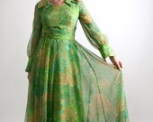 1970s Maxi Dress Sheer Mint Vintage Garden Princess Length Gown - Medium Peridot Fashion