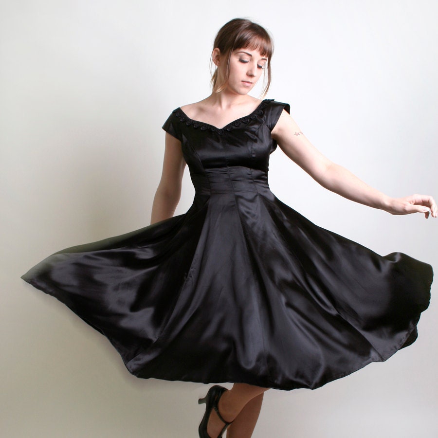 Vintage Evening Dress - Bombshell 1950s 1960s Little Black Dress Light Satin - Small Marilyn Monroe