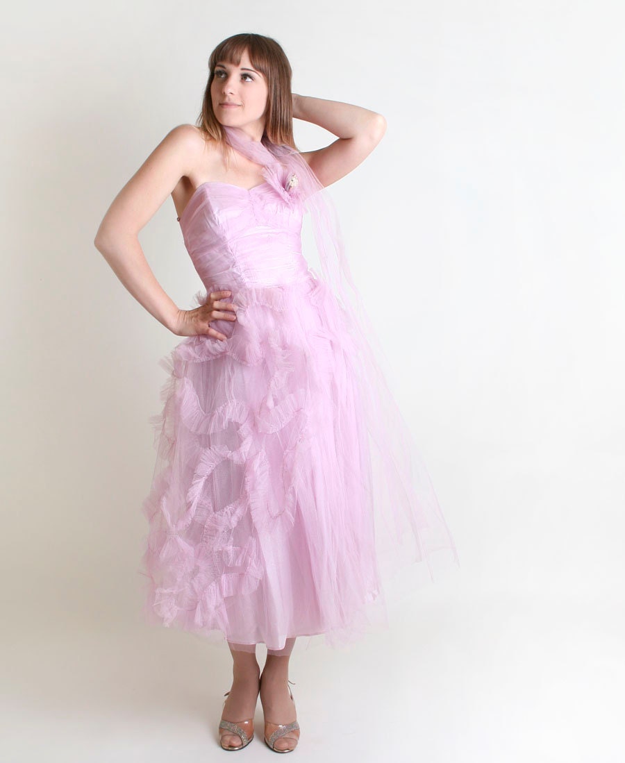 Vintage 1950s Prom Dress - Lavender Wedding Strapless Bride Dress - Small