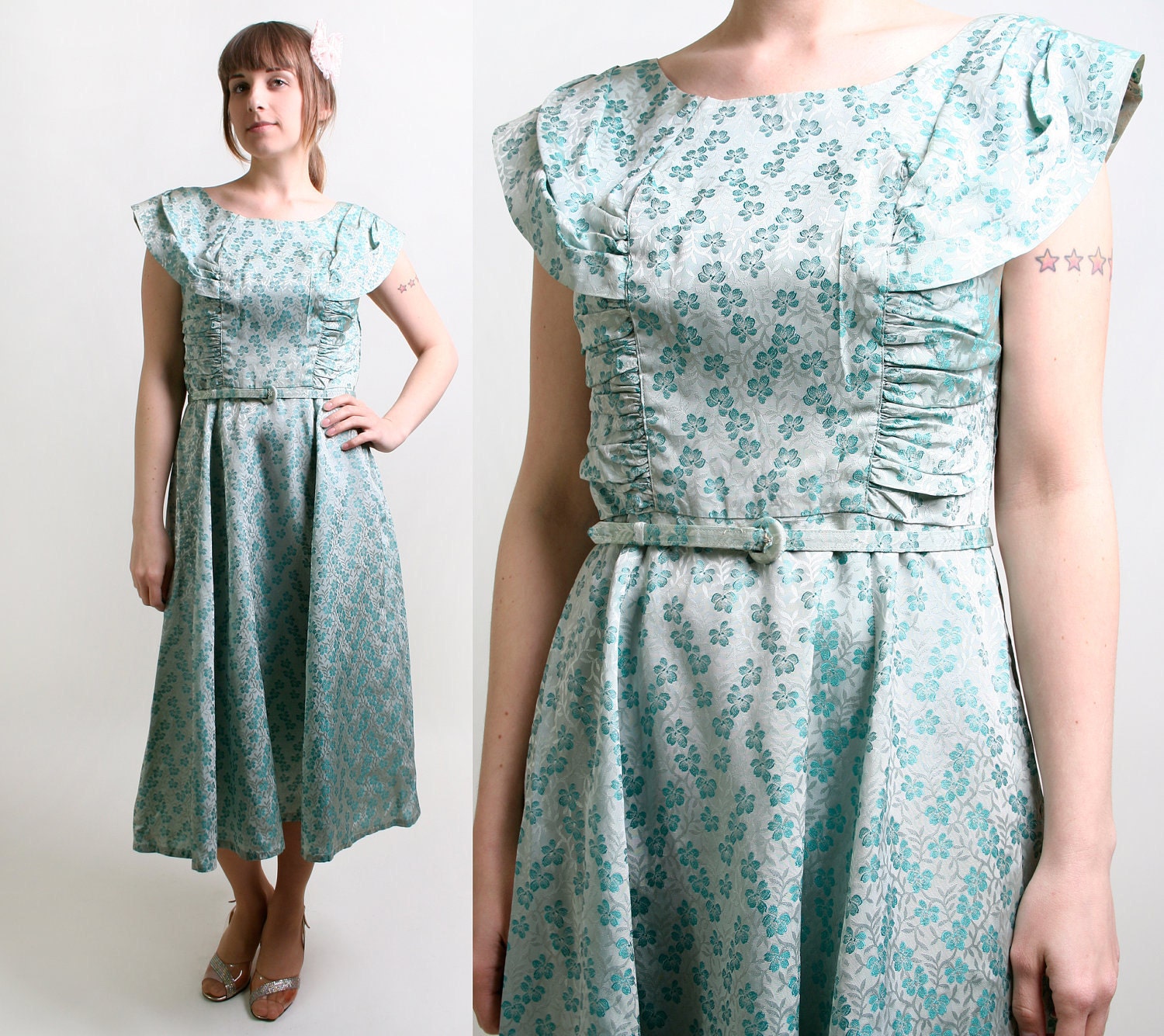 Vintage 1960s Dress - Floral Metallic Brocade Aquamarine Cocktail Dress - Large