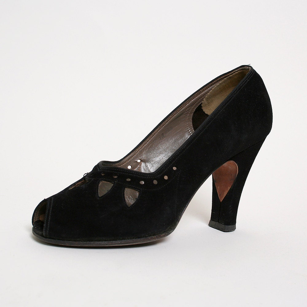 1940s Heels - Vintage Black Suede Cocktail High Heels US Size 6.5 6