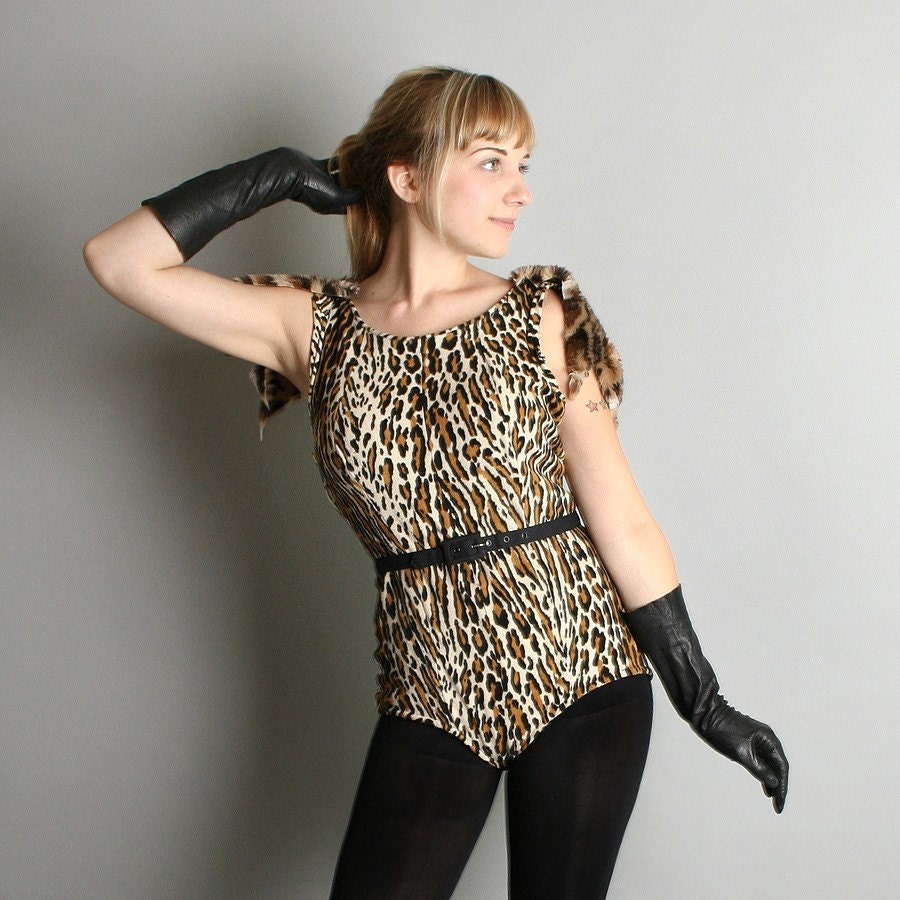 Vintage Leopard Bettie Page Pin-Up Cat Suit Costume Leotard