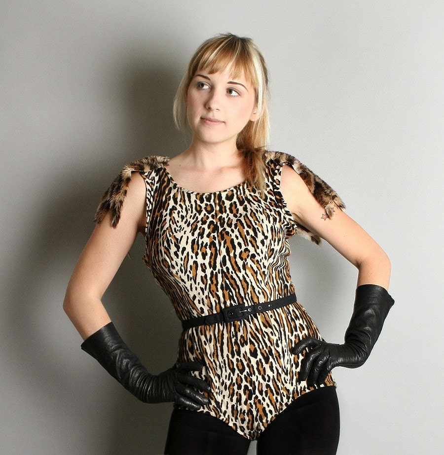 Vintage Leopard Bettie Page Pin-Up Cat Suit Costume Leotard