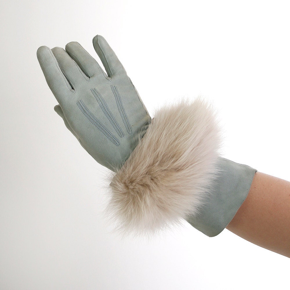 Doctor Zhivago Vintage Mint Green Long Fur Gloves - Light Cream Brown