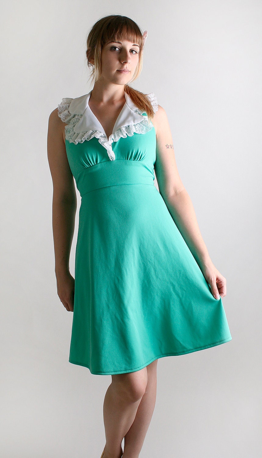 RESERVED - Vintage 1970s Mini Dress in Jade Green - Halter Style - Small Spring Summer Fashion