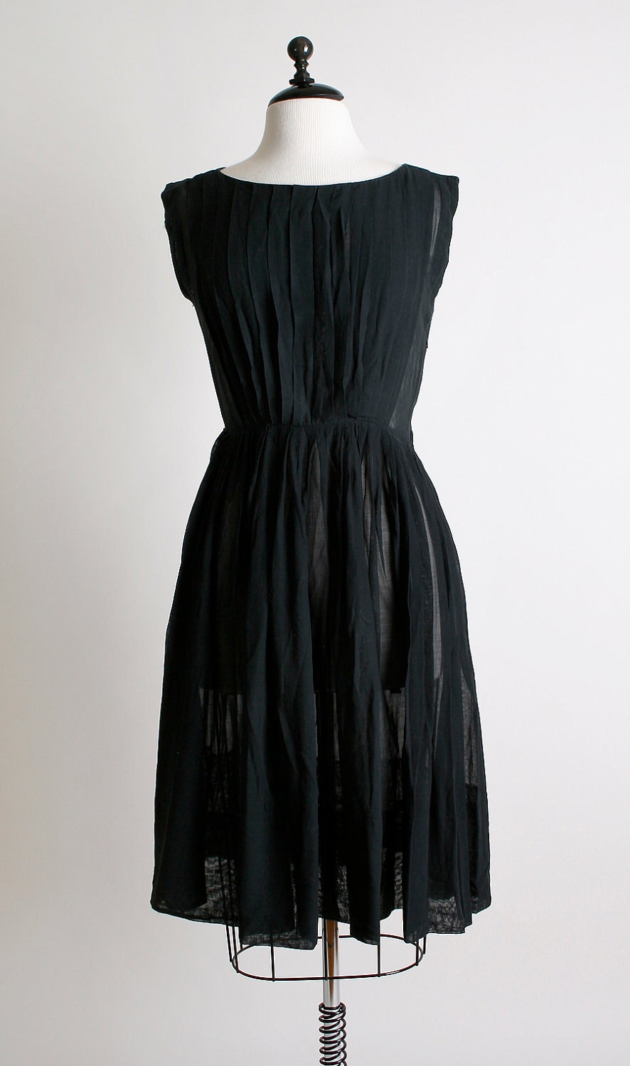 Vintage 1950s Dress - Sheer Black Pleated Day Dress - Small to Medium