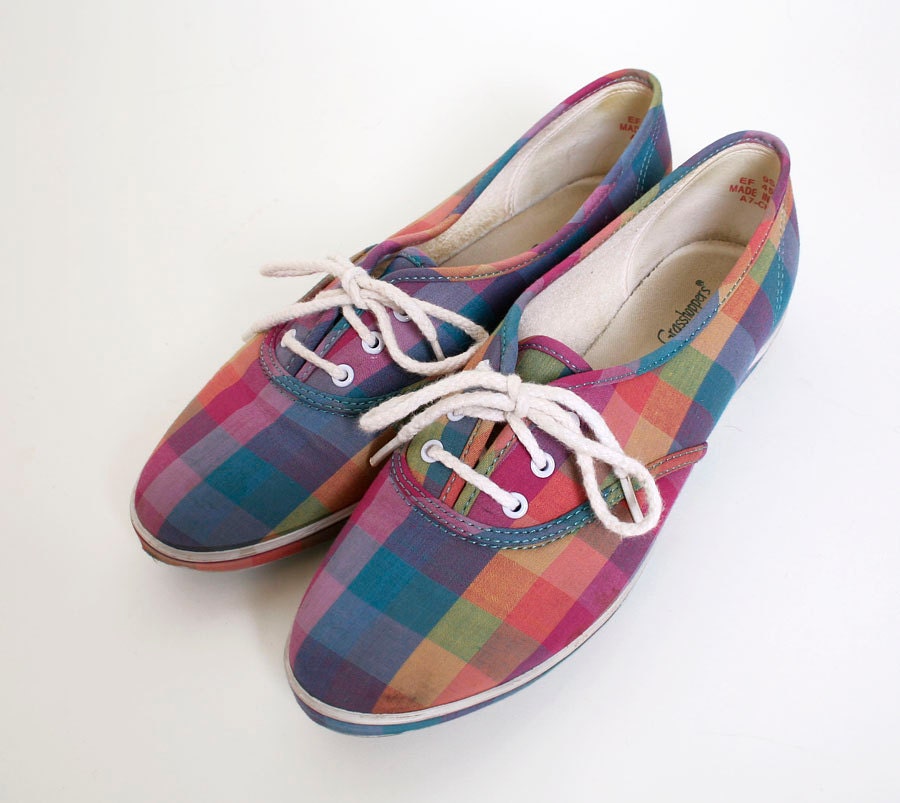 Rainbow Plaid Shoes - Vintage 1980s Tennis Shoes - Size US 9