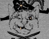 Pirate Cat - Unisex / Mens T-shirt Tee Shirt Kitty Kitties Cats Funny Humorous Cute Animal Nautical Animals Athletic Grey Tshirt