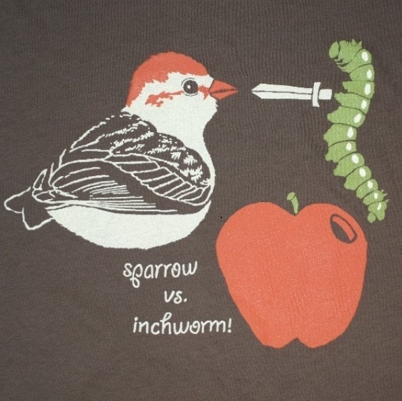 Sparrow vs Inchworm T-Shirt - Womens Girls Scoop Neck Tee Shirt Cute Bird Nature Battle Apple Worm Adorable Funny Organic Bark Tshirt