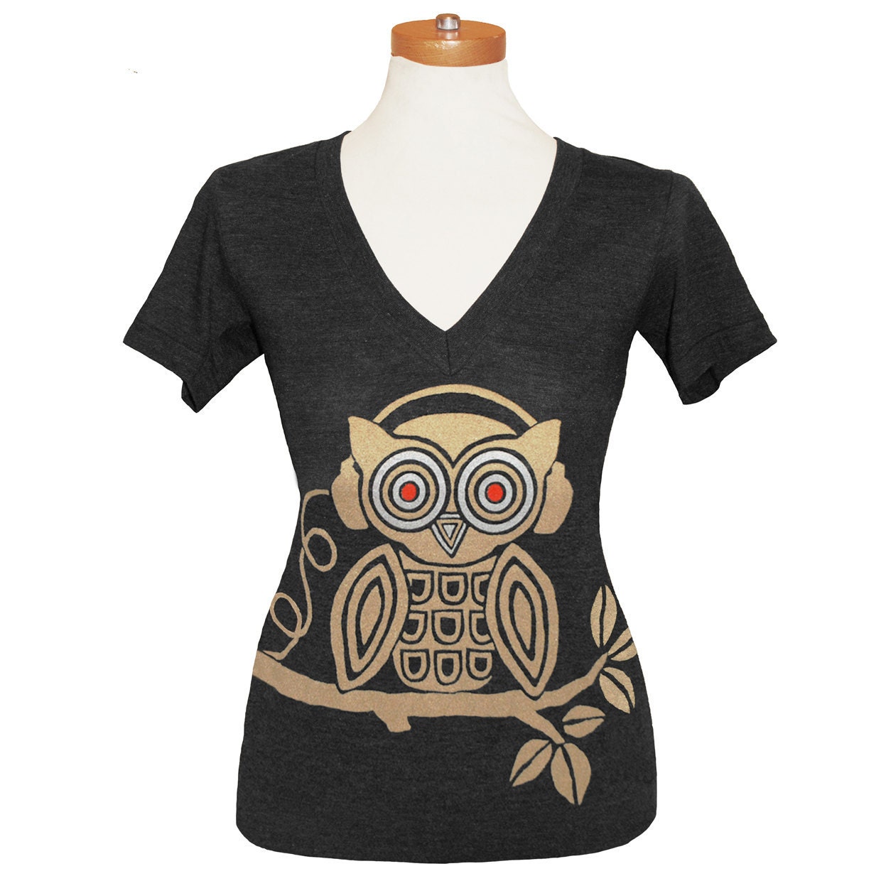 Headphones Owl Deep V-neck T-shirt Tee Tree Shirt Music Bird Vneck - Charcoal / Tri Black Silver & Gold- Unisex Sizes XXS, XS, S, M, L, XL