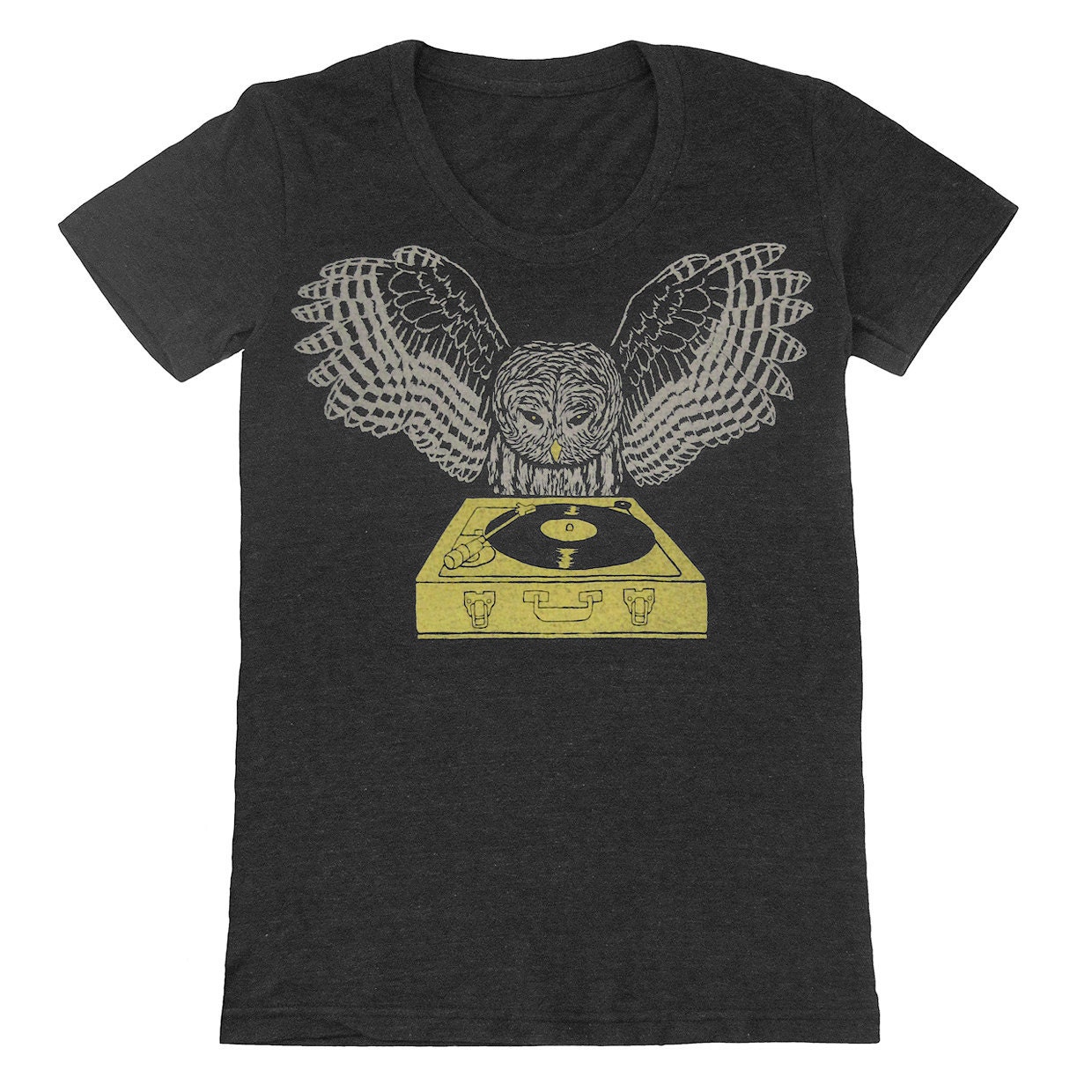 DJ Owl - Womens T-shirt Girls Tee Shirt Turntable Music Bird Retro Awesome Cool Feathers Woodland Record Spinning Charcoal Tri Black Tshirt