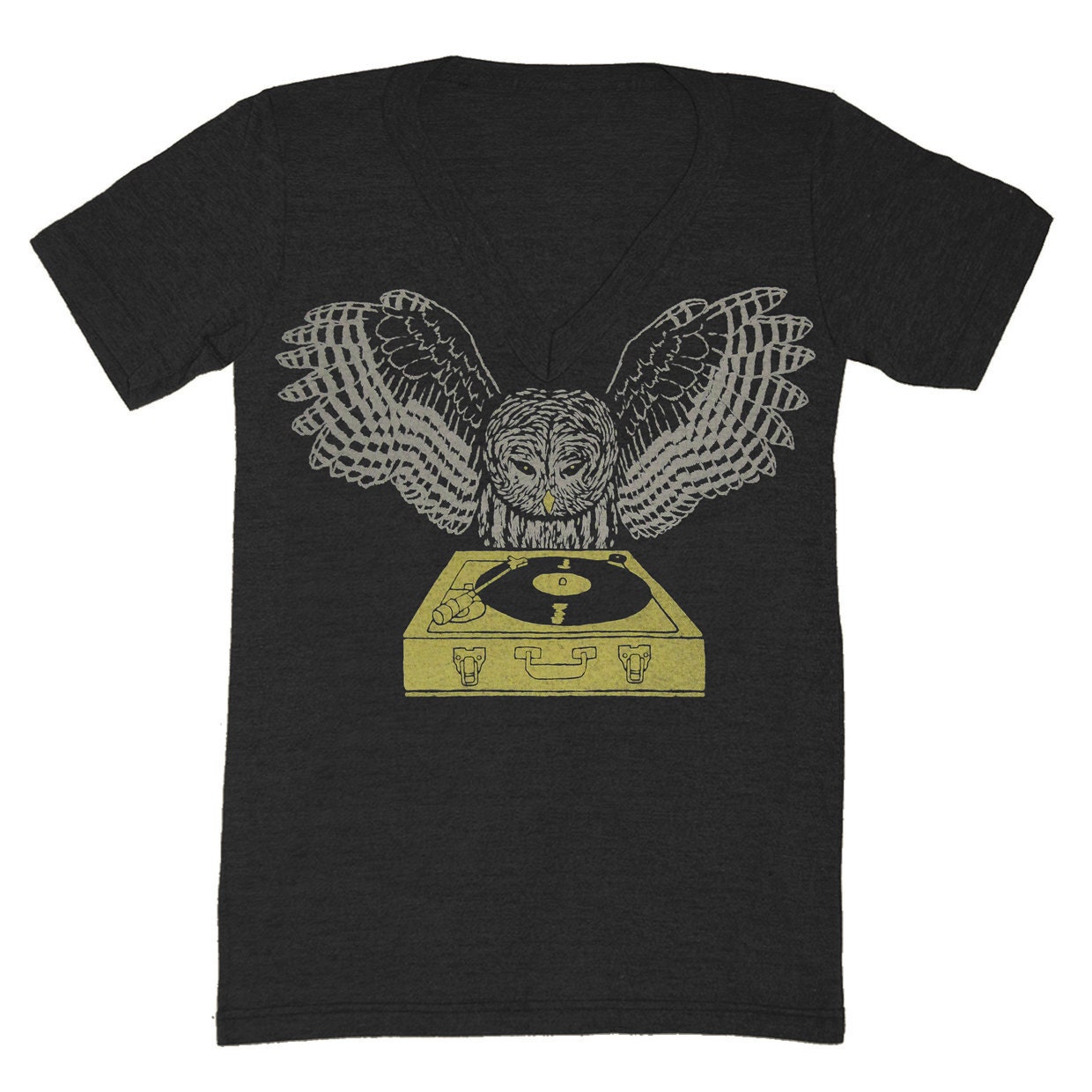 DJ Owl - V-neck T-shirt Tee Shirt Turntable Music Owls Headphones Bird Retro Record Spinning Old School Vneck Charcoal Tri Black Tshirt
