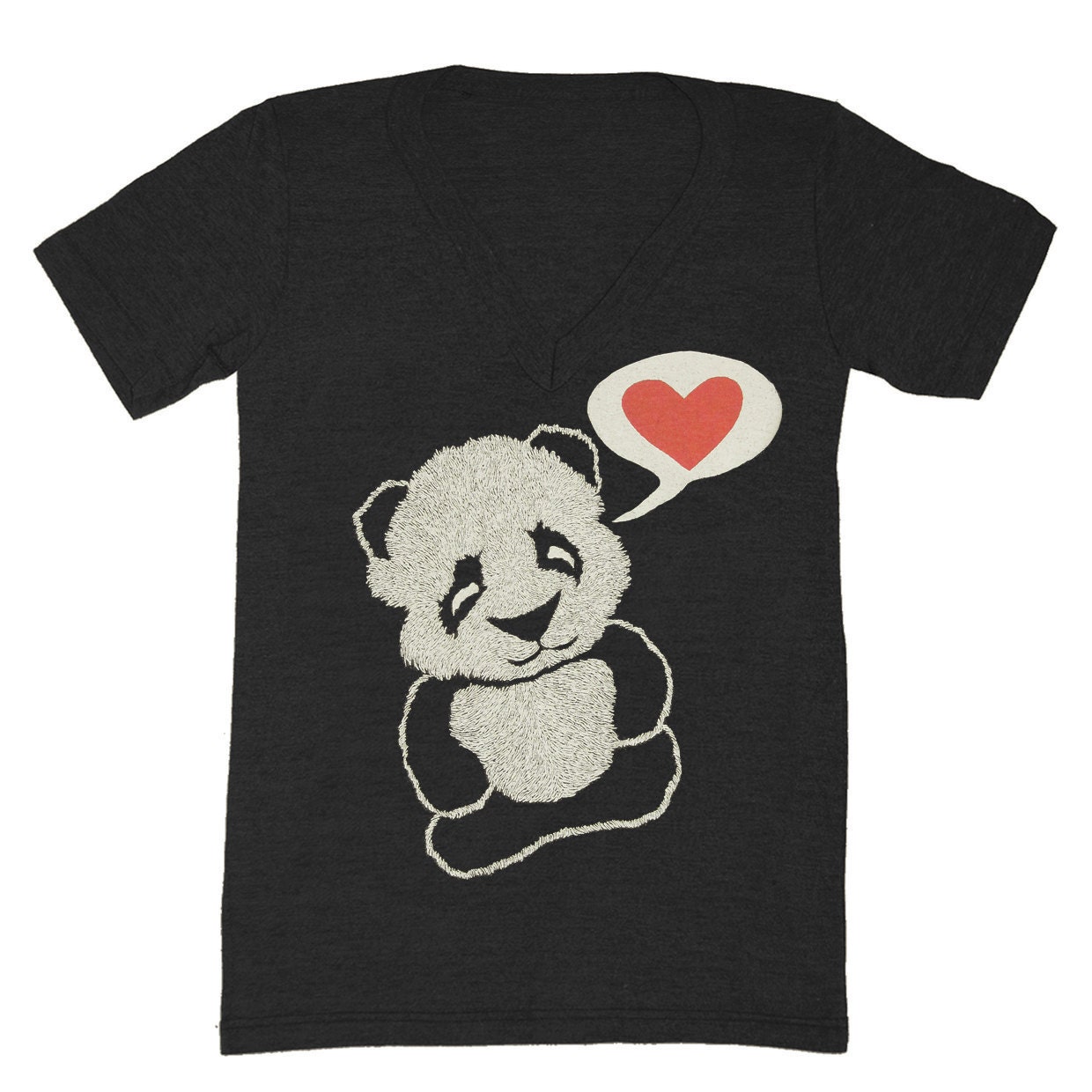 Panda Bear - V-neck T-shirt Tee Shirt Cute Adorable Cool Vintage Retro Love Pandas Red Heart Hand Printed Zoo Animal Tri Black Vneck Tshirt