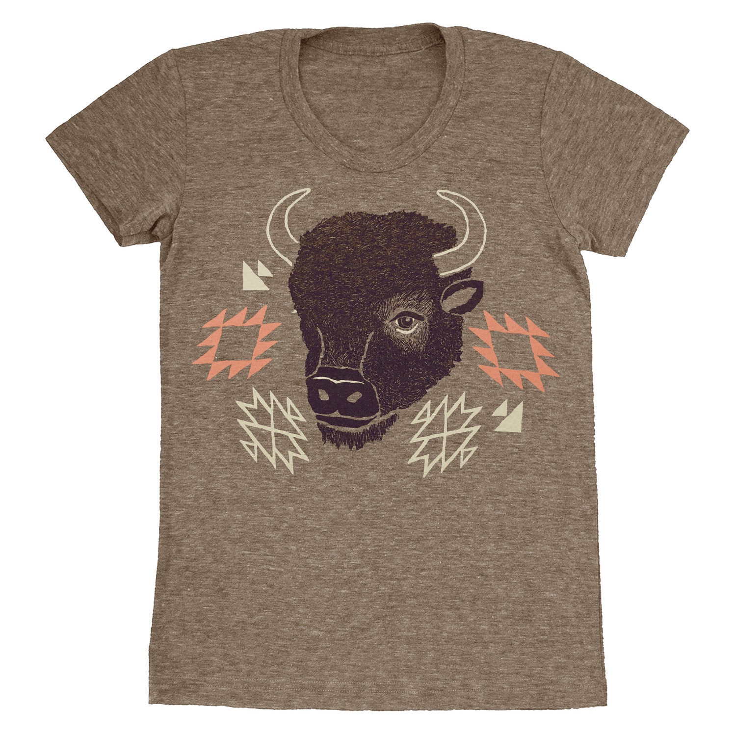 Bison - Womens Girls T-shirt Tee Shirt Navajo Native American Indian Tribal Print Pattern Buffalo Animal Horns Cute Tri Blend Coffee Tshirt