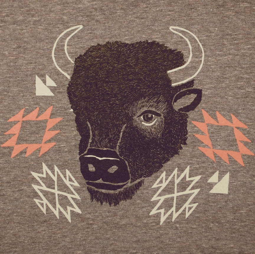 Bison - Womens Girls T-shirt Tee Shirt Navajo Native American Indian Tribal Print Pattern Buffalo Animal Horns Cute Tri Blend Coffee Tshirt
