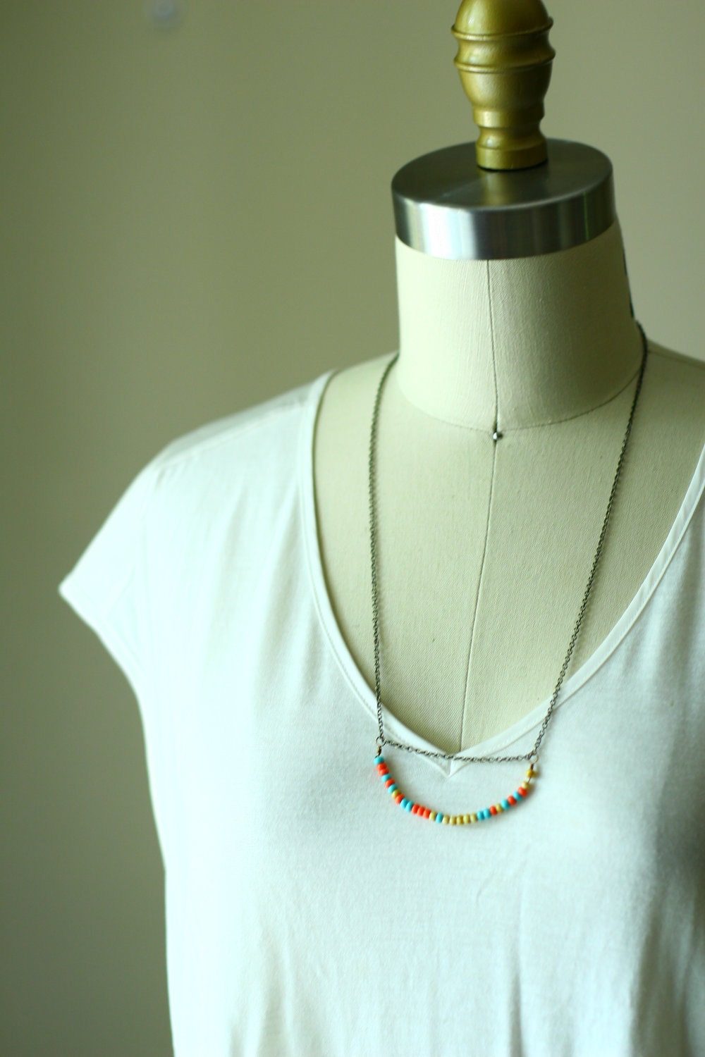 Bead Necklace Turquoise Coral Mustard Geometric - Vintage Oxidized Brass