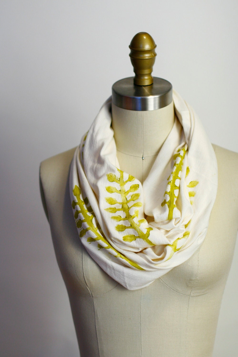 Mod Leaf Circle Scarf - Organic Bamboo Cotton - Off White and Pea Green
