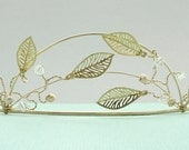 Bridal Tiara - Leaves, Pearls, and Crystals on Gold - merrittgade