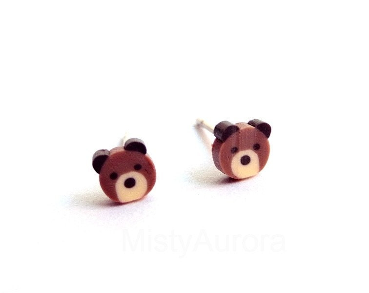 Teddy Bear Earring Studs - Brown Bear Earring Posts - Polymer Clay Posts