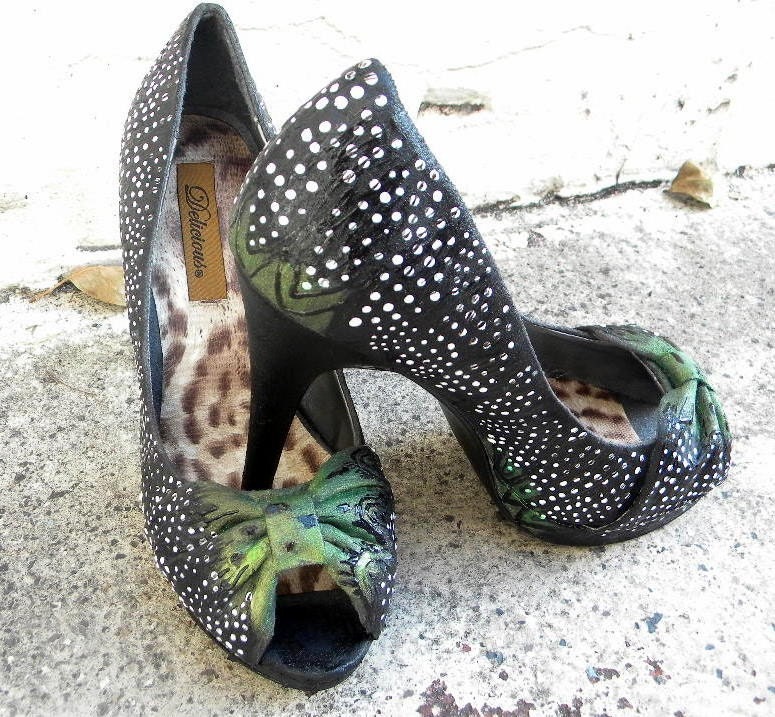 Pheasant on the lake, painted peep toes,featured on the Storque