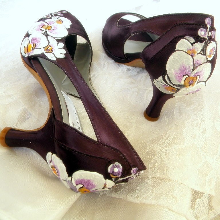 Wedding Shoes painted Orchids victorian aubergine peep toe platforms - norakaren Wedding Shoes painted Orchids victorian aubergine peep toe platforms - norakaren