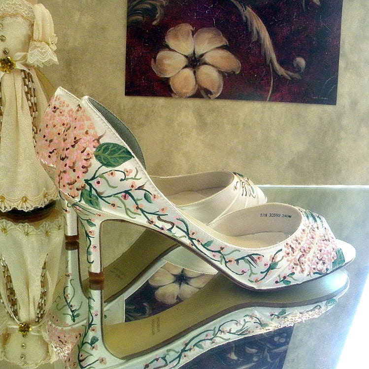Wedding Shoes Hydrangeas nude pink brown  green accents