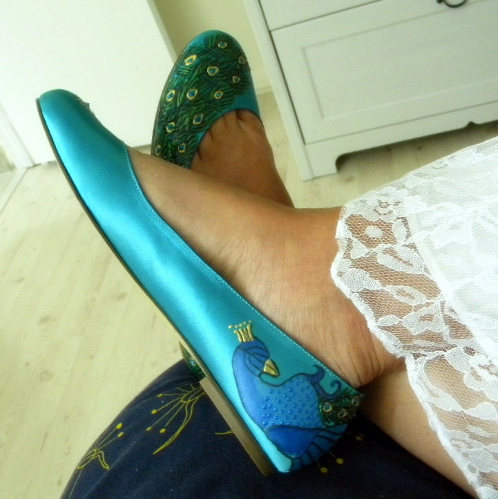 Wedding shoes peacock feathers flats Teal
