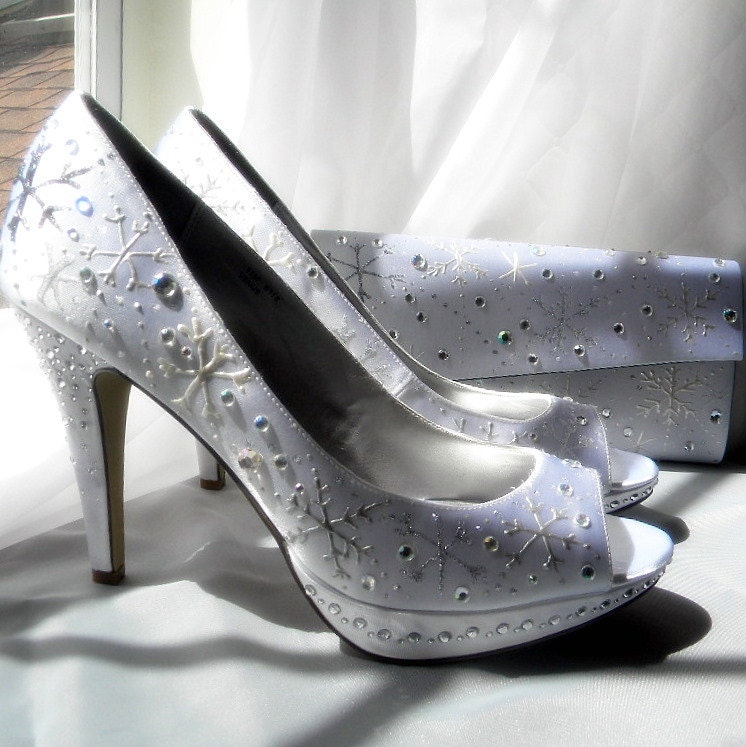 Wedding Shoes and purse painted snowflakes White  Winter Wedding