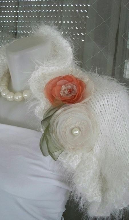 Rabbit wool  BRIDE wrap-shawl-shrug,so soft...organza flowers..wedding.made to order