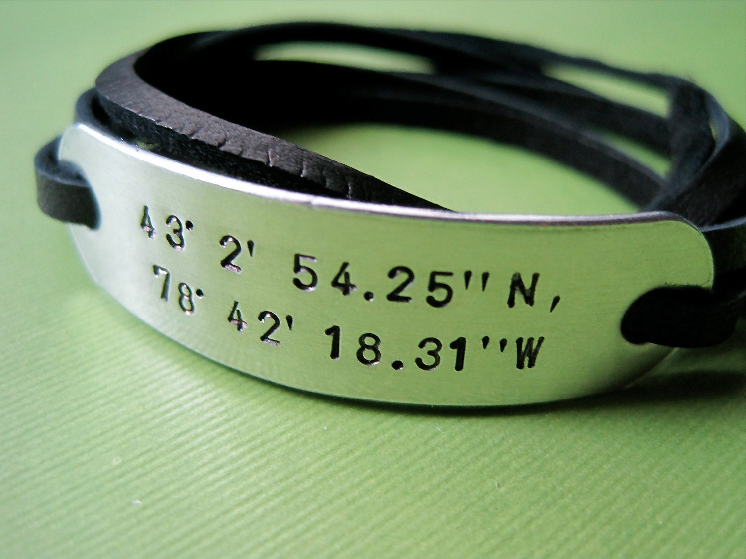 Custom handstamped Latitude Longitude, Coordinates - Personalized Wrapped Bracelet - Leather cord of your choice