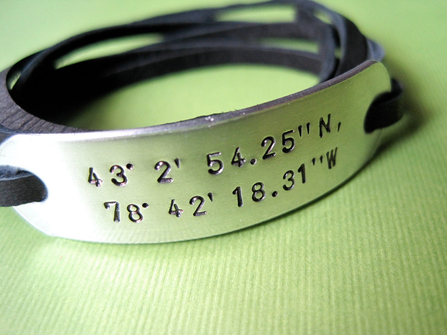 Custom handstamped Latitude Longitude, Coordinates - Personalized Wrapped Bracelet - Leather cord of your choice