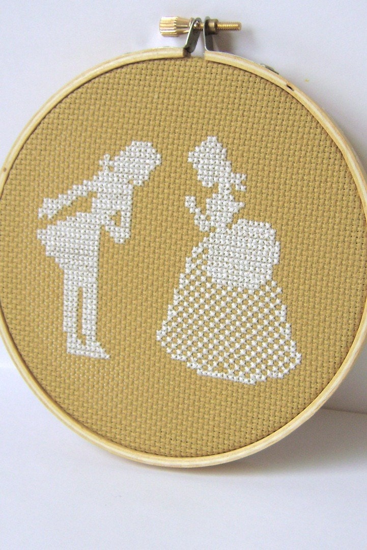 Sale- Embroidery Hoop Art.Couple silhouette cross stitch READY TO SHIP