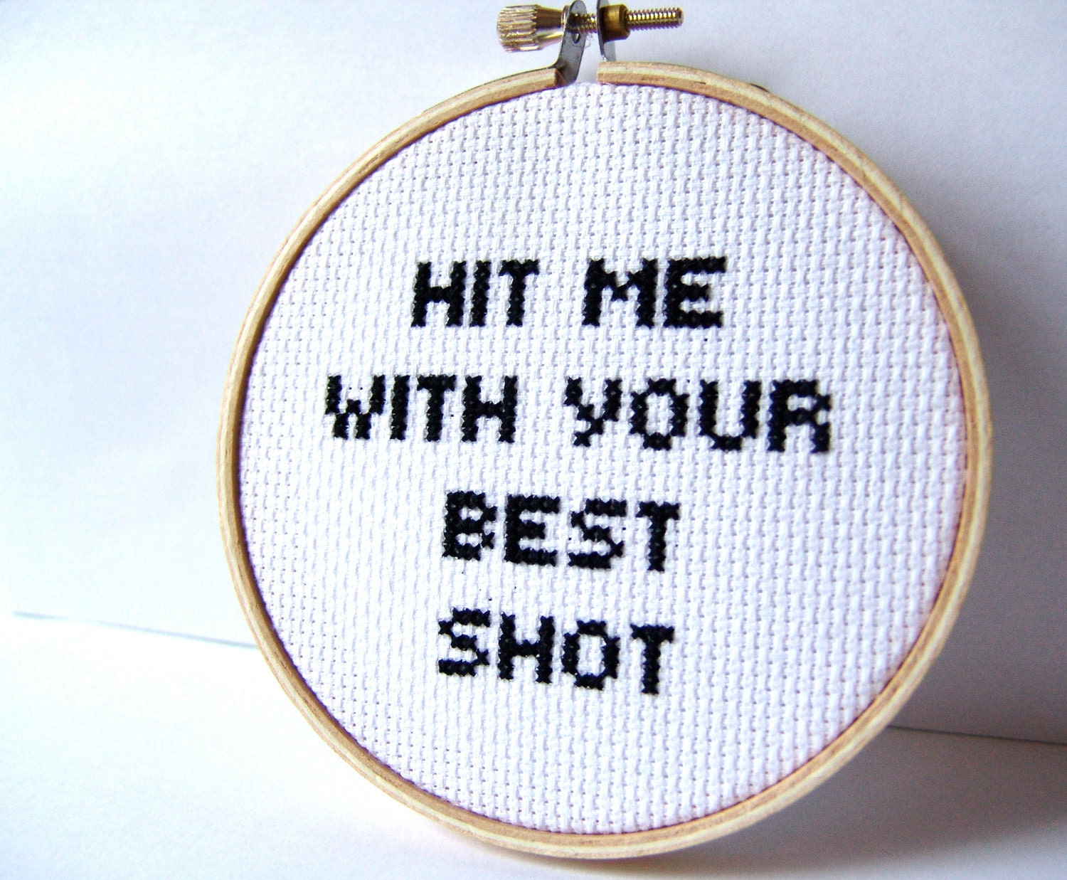 Cross Stitched Music Lyrics, Hit Me With Your Best Shot.  Pat Benatar. embroidery hoop art