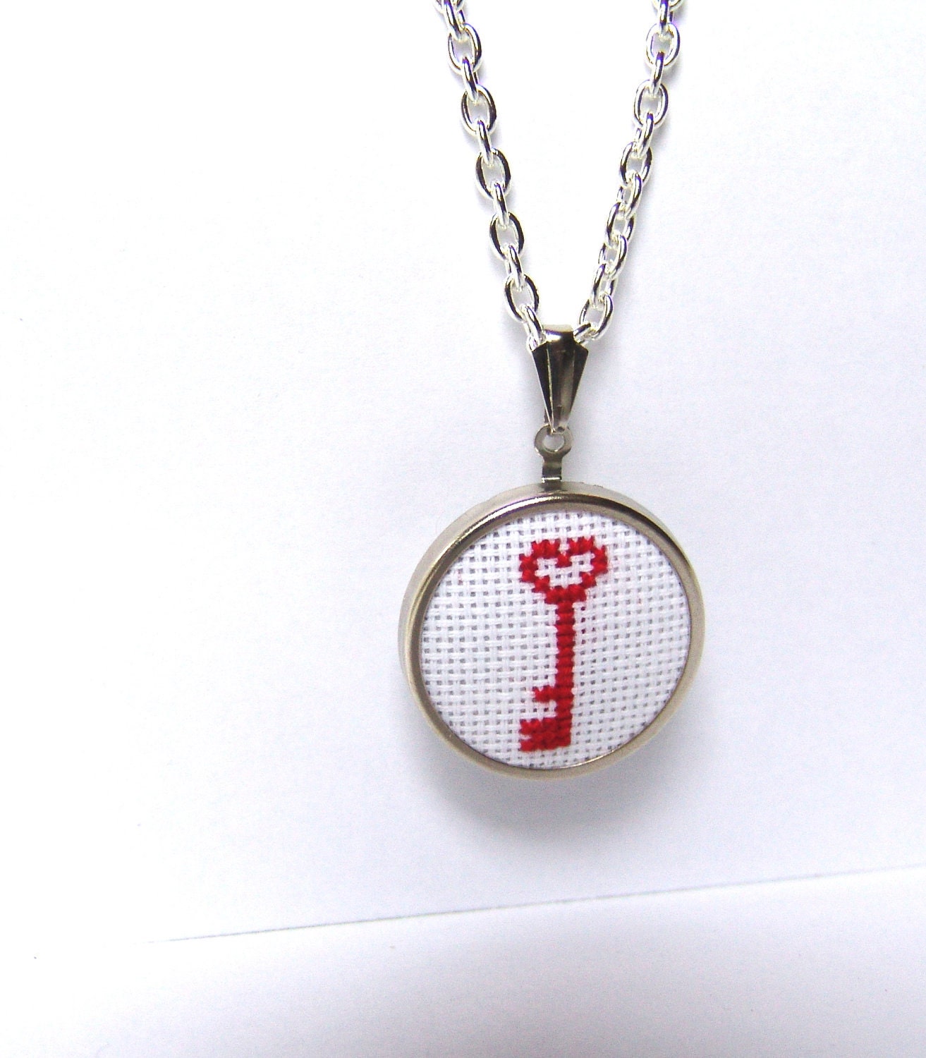 Embroidered Necklace.  Pendant Necklace, Key to my Heart.  Skeleton Key cross stitched necklace.  Valentines day.  ready to ship