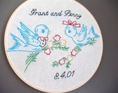 Personalized Wedding and Anniversary Embroidery with Bluebirds.  customize embroidery hoop art.  Personalized wedding