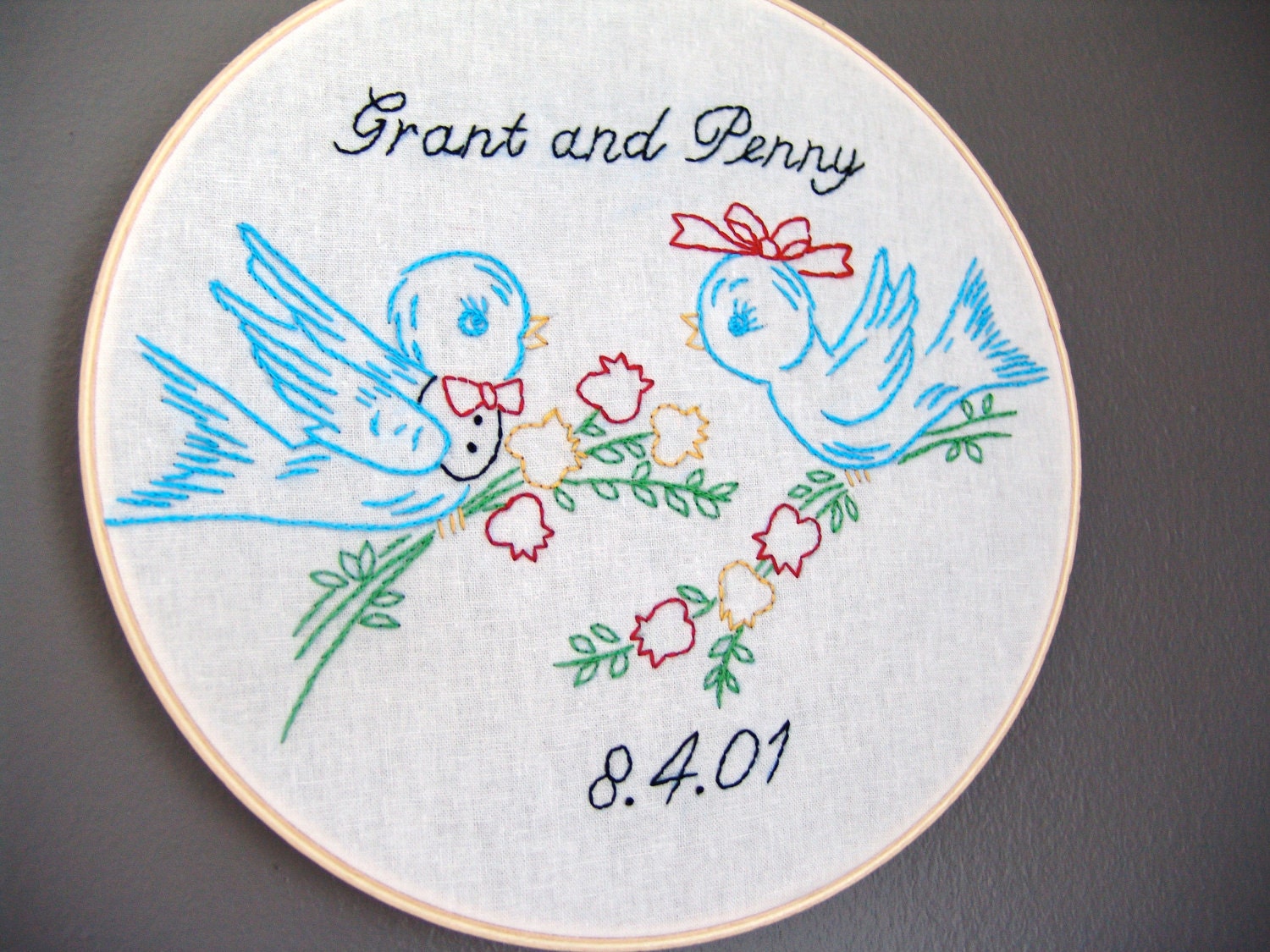 Personalized Wedding and Anniversary Embroidery with Bluebirds. customize embroidery hoop art. Personalized wedding