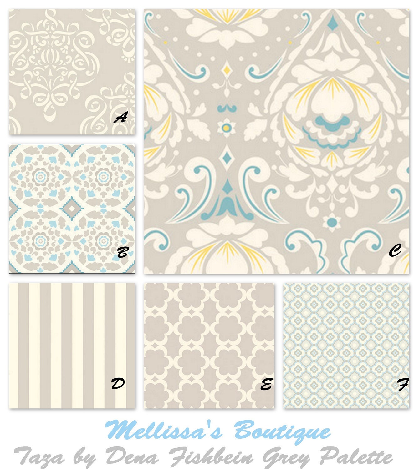 Custom Boutique Taza Grey/Yellow & Blue Palette Baby Nursery Complete 4-Piece Crib Bedding Set made with fabric by Dena Fishbein