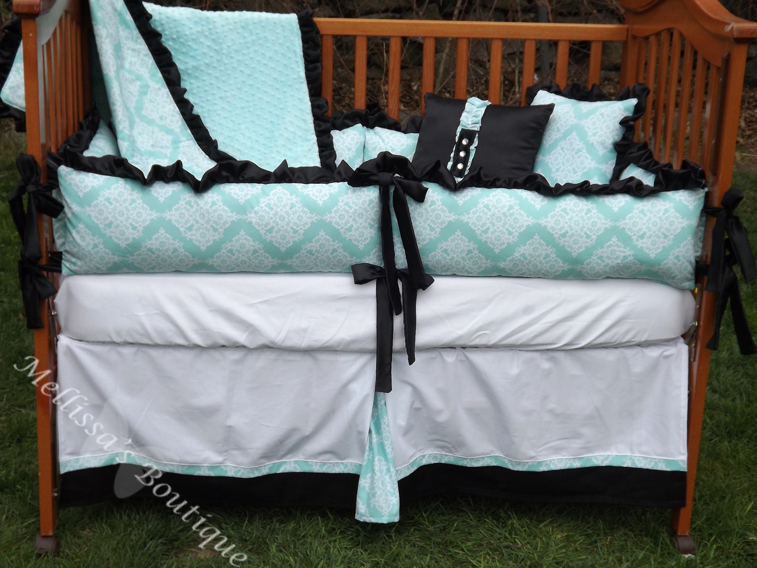 Custom Tiffany Blue with Black and White Boutique Crib Bedding Set with Ruffles