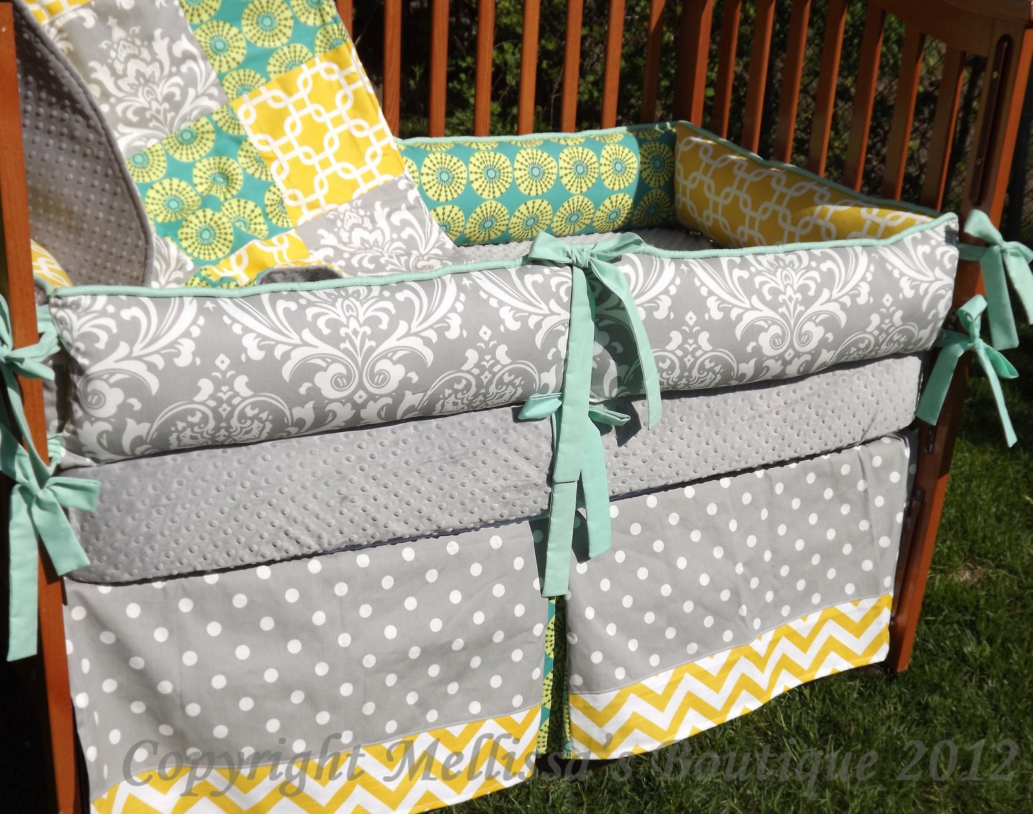Custom Grey with Teal and Yellow Accent 4-Piece Complete Boutique Crib Nursery Bedding Set GENDER NEUTRAL